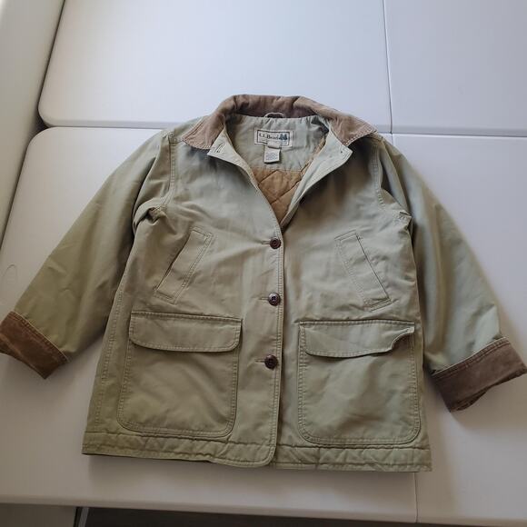 L.L. Bean Jackets & Blazers - LL Bean Jacket Womens Medium Petite Green Canvas Barn Coat Corduroy Collar Lined